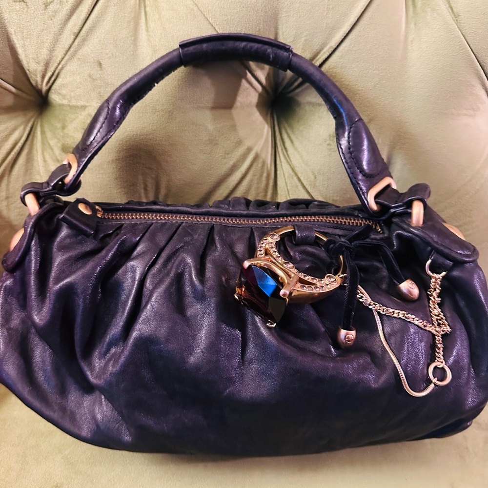Vintage Rare Juicy Couture Black Leather Shoulder Bag with Gold Accents